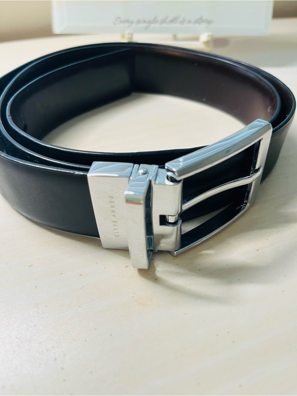 Perry Ellis Black Leather Belt with Silver Buckle